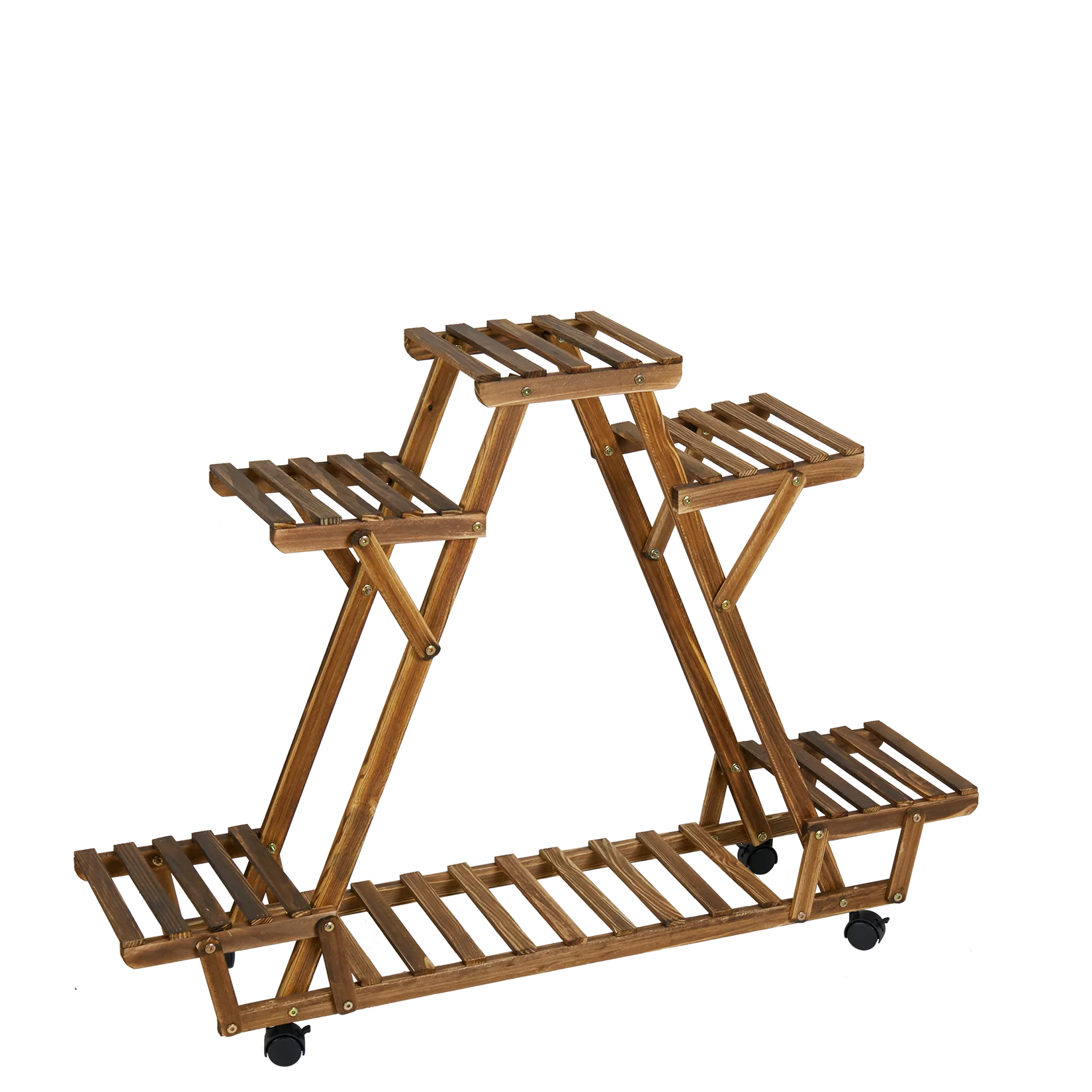Triangular Plant Shelf 6 Potted Carbonized Wood Plant Holder Flower Pot Stand Display Storage Rack with Wheels for Garden