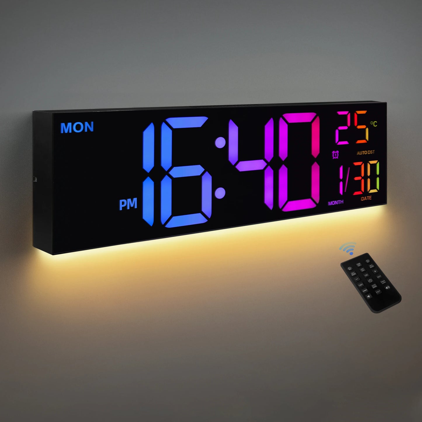 16 Inch Large Digital Wall Clock With Remote RGB LED Display Alarm Temperature For Living Room And Kitchen
