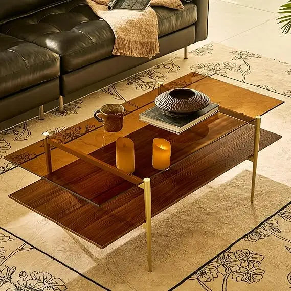 Mid Century Modern Large Glass Coffee Table With Gold Legs