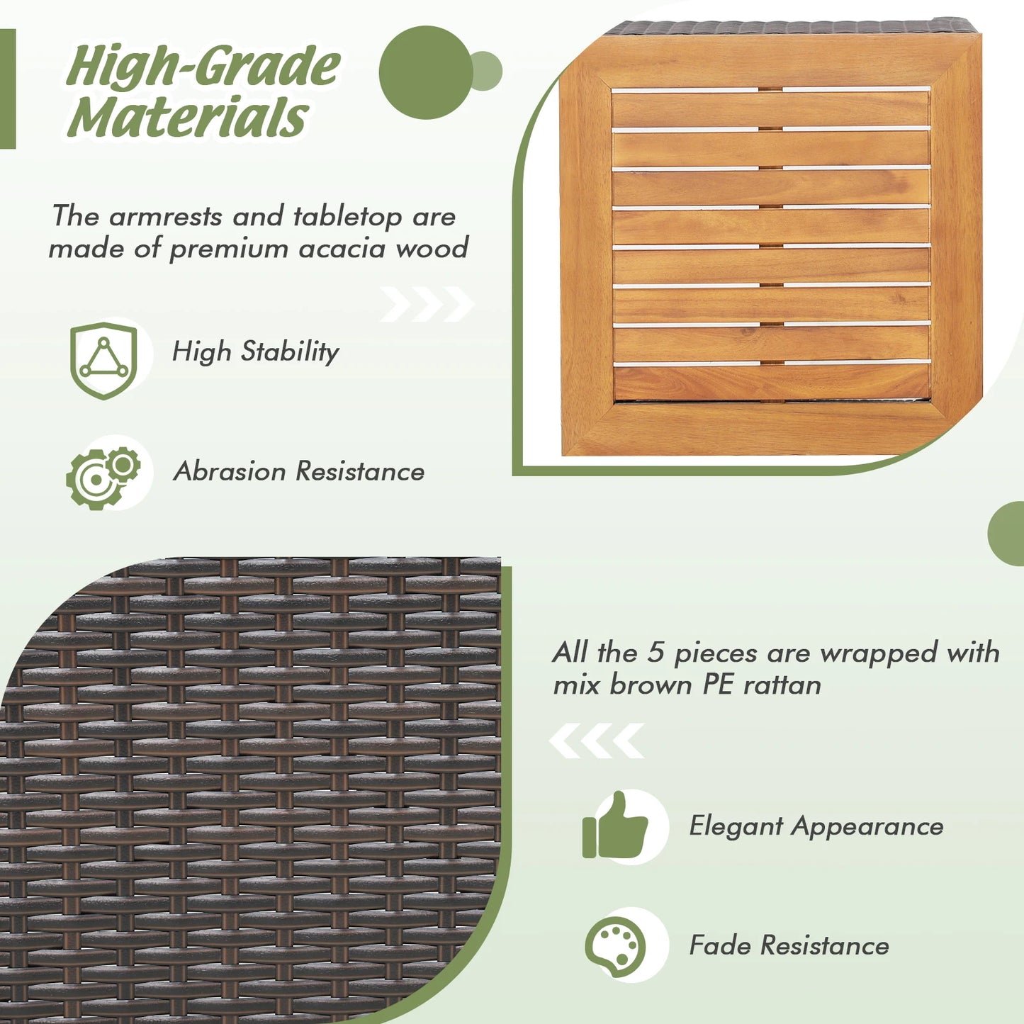 5PCS Patio Rattan Furniture Set Sofa Ottoman Cushioned Table W/Wood Top