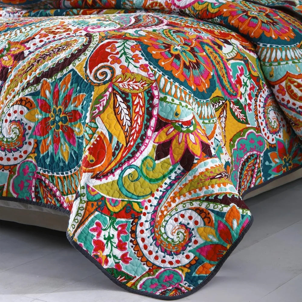 Colorful Cotton Boho Paisley Quilt Set, 3-Piece Lightweight King Size Bedding with Pillows