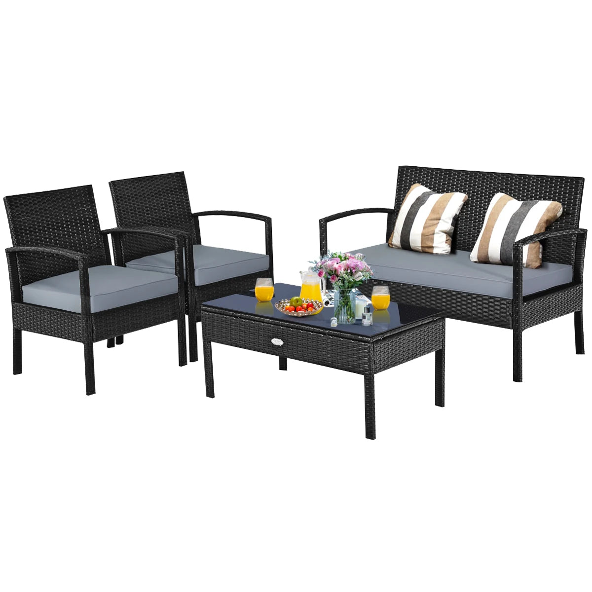4PCS Patio Rattan Furniture Set Garden Deck