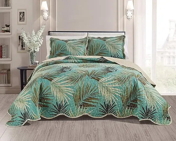 Tropical Palm Leaves 3-Piece Oversized Quilt Set for King Size Bed in Sage
