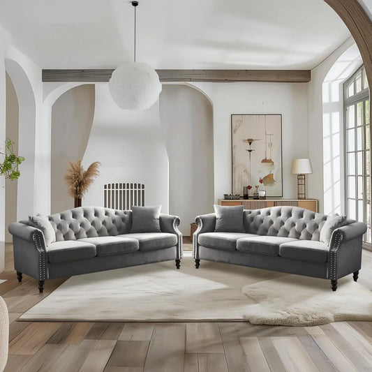 Chesterfield Velvet Sofa Set 3-Seater and Loveseat with Pillows Rolled Arms Nailhead Trim Classic Design Living Room Bedroom