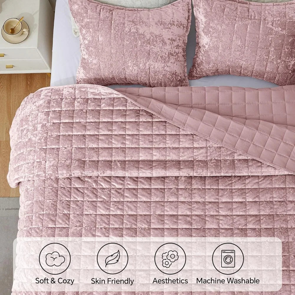 Velvet Quilt Set King Size - Luxury Velvet Comforter Bedding Set 3 Pieces, Soft Cozy Dusty Pink Oversized Bedspread Cov