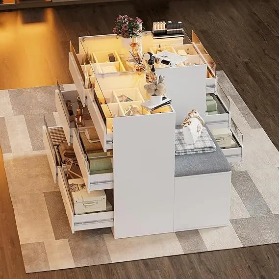 Armoire Wardrobe Closet Island with 9 Drawers, Led Lights, Glass Tabletop, Bedroom Island with Jewelry Organizer, Storage B