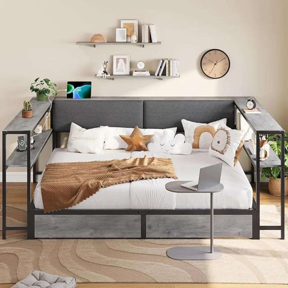 Full Corner Bed Frame with 2 Drawers and Hidden Storage Full Size Daybed with Charging Station and Storage Open Shelves Metal