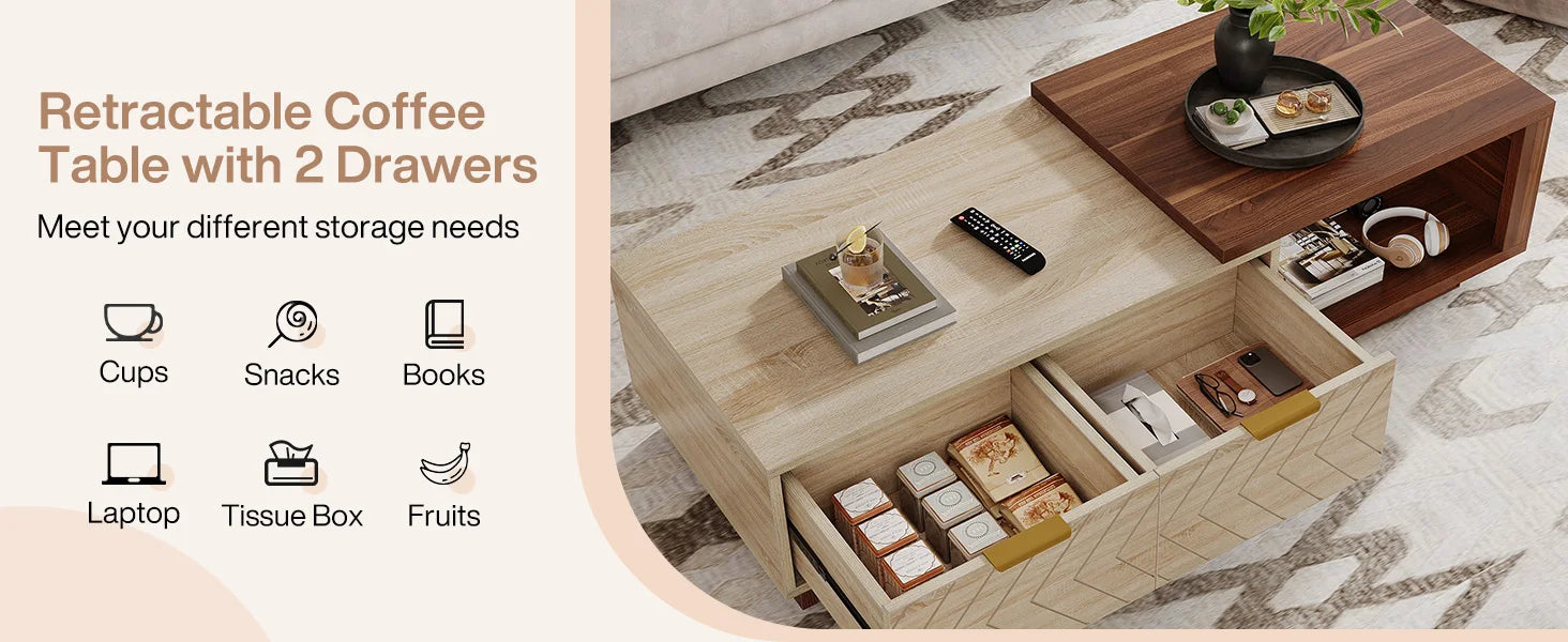 Tribesigns Extendable Coffee Table 42 To 65 Inches With Drawers