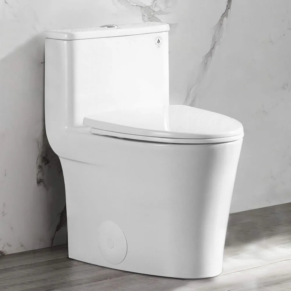 DeerValley Compact One Piece Toilet Elongated, Modern Toilet with Soft Close Seat Ceramic Glossy for Small Bathroom Space