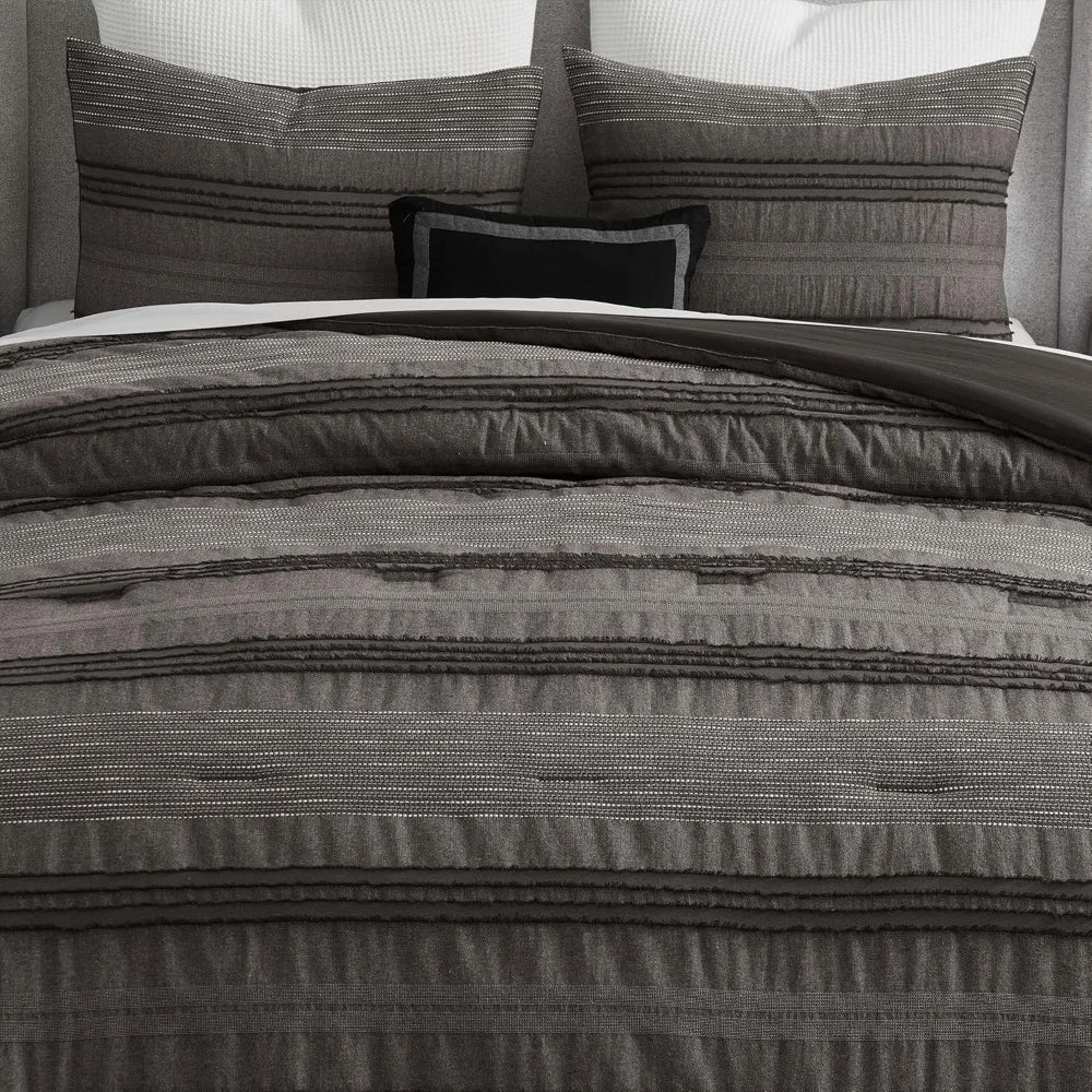 Dark Grey King Comforter Set With Striped Cotton Boho Shams