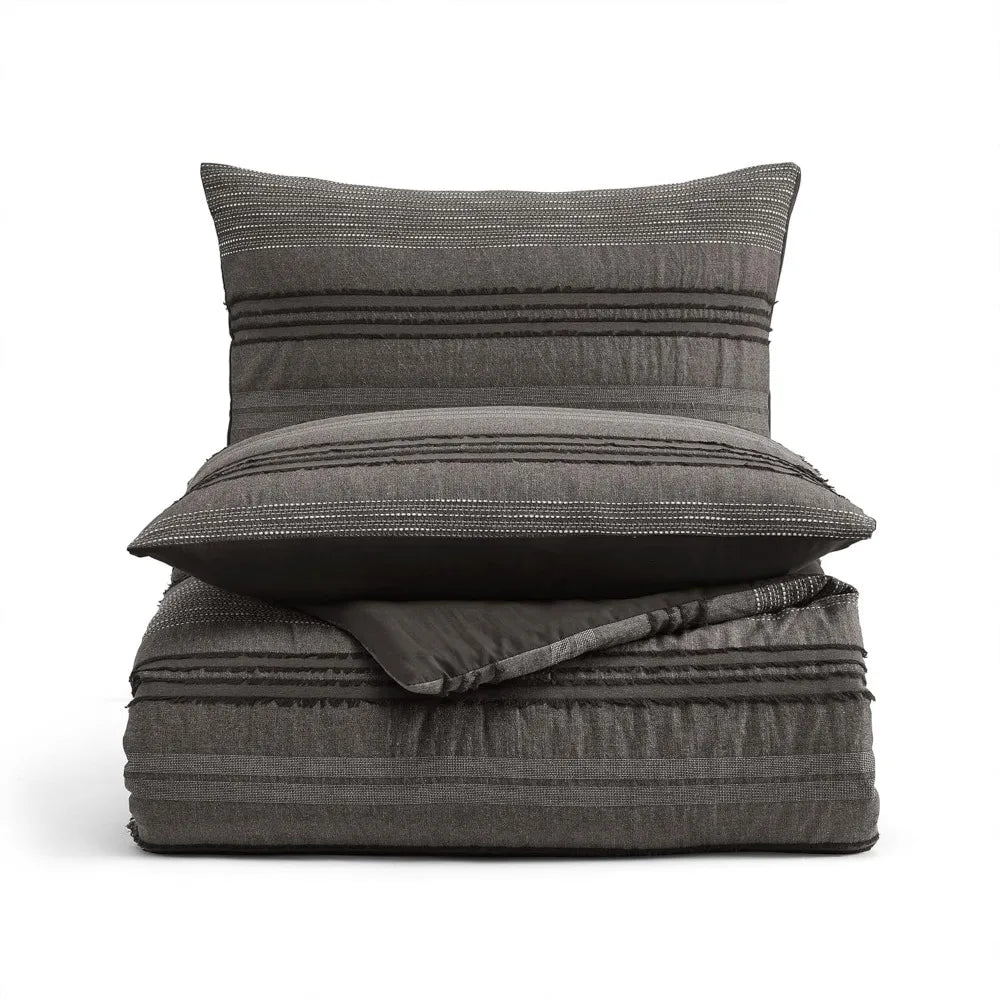 Dark Grey King Comforter Set With Striped Cotton Boho Shams