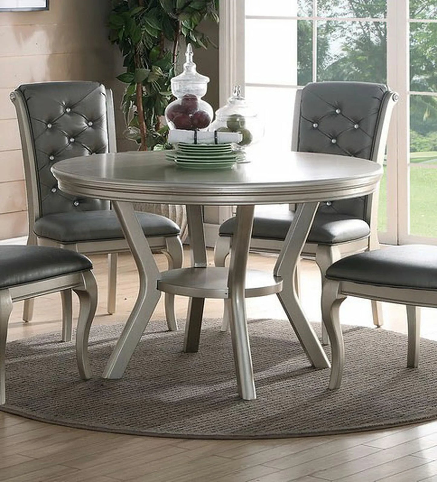Silver Round Dining Set With Tufted Chairs And Shelf