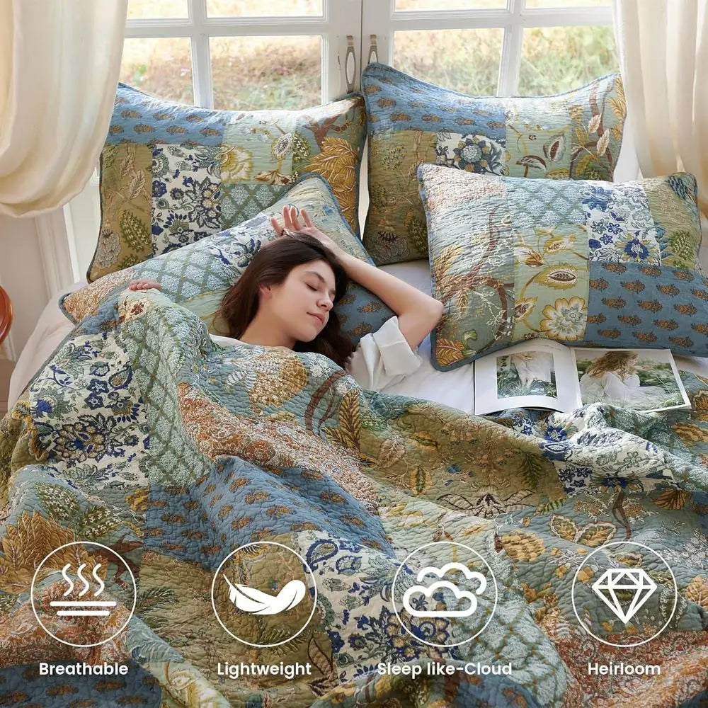 Oversized 100 Cotton California King Quilt Set Green Patchwork