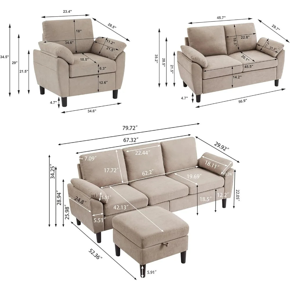 4 Piece Convertible Sectional Sofa Set, Modern Linen Small L Shaped Couch with Reversible Chaise, 3-Seater Sofa & Loveseat & Arm
