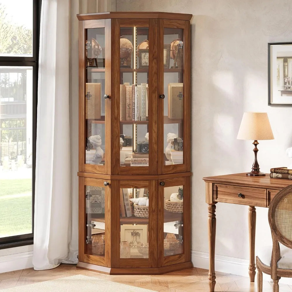 Corner Storage Cabinet, 71" Tall Corner Cabinet with Doors & LED Lights, 5-Tier Mid-Century Display Shelf for Living Room, Kitc