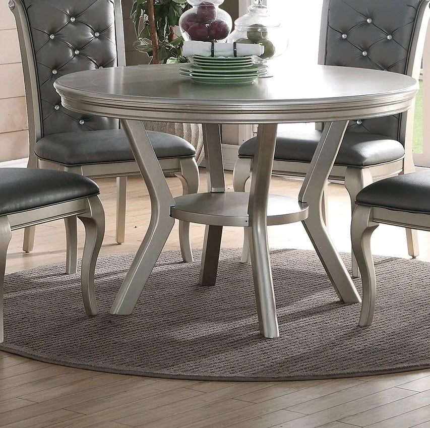 Silver Round Dining Set With Tufted Chairs And Shelf