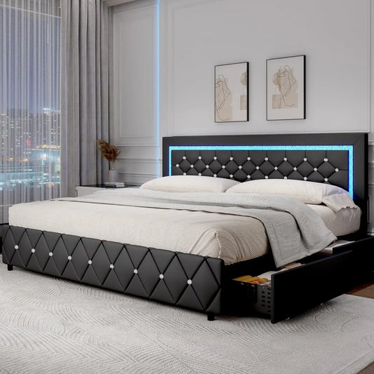 Luxurious King Size Bed Frame With LED Lighting And Storage