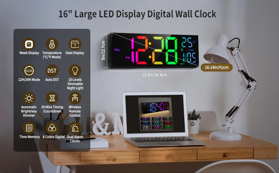 16 Inch Large Digital Wall Clock With Remote RGB LED Display Alarm Temperature For Living Room And Kitchen
