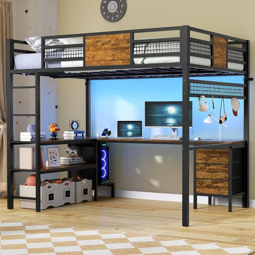 Full Size Loft Bed With L Shaped Desk RGB Lights Storage Drawers Shelves