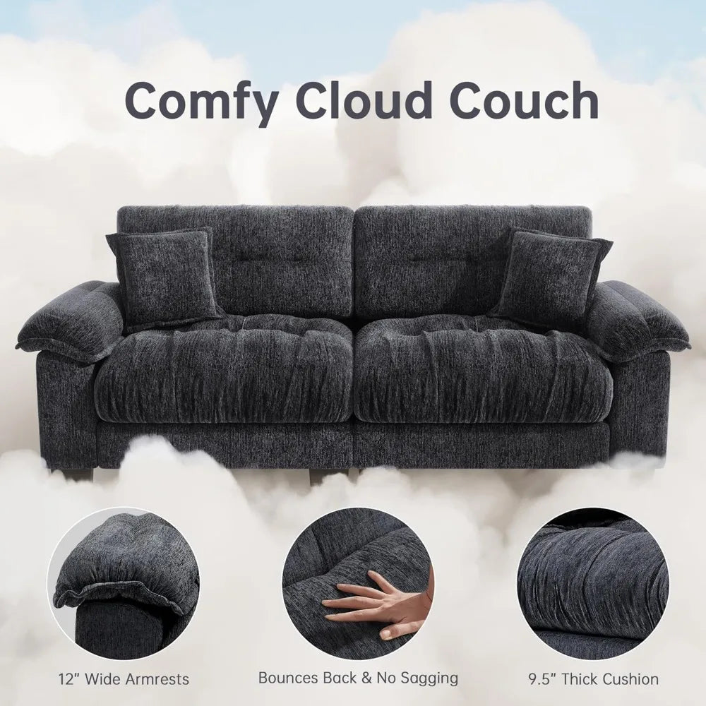 Luxury Chenille Fabric Cloud Couch Sofa, Comfortable Living Room Furniture, Wide Armrests Black Sofa for Apartments