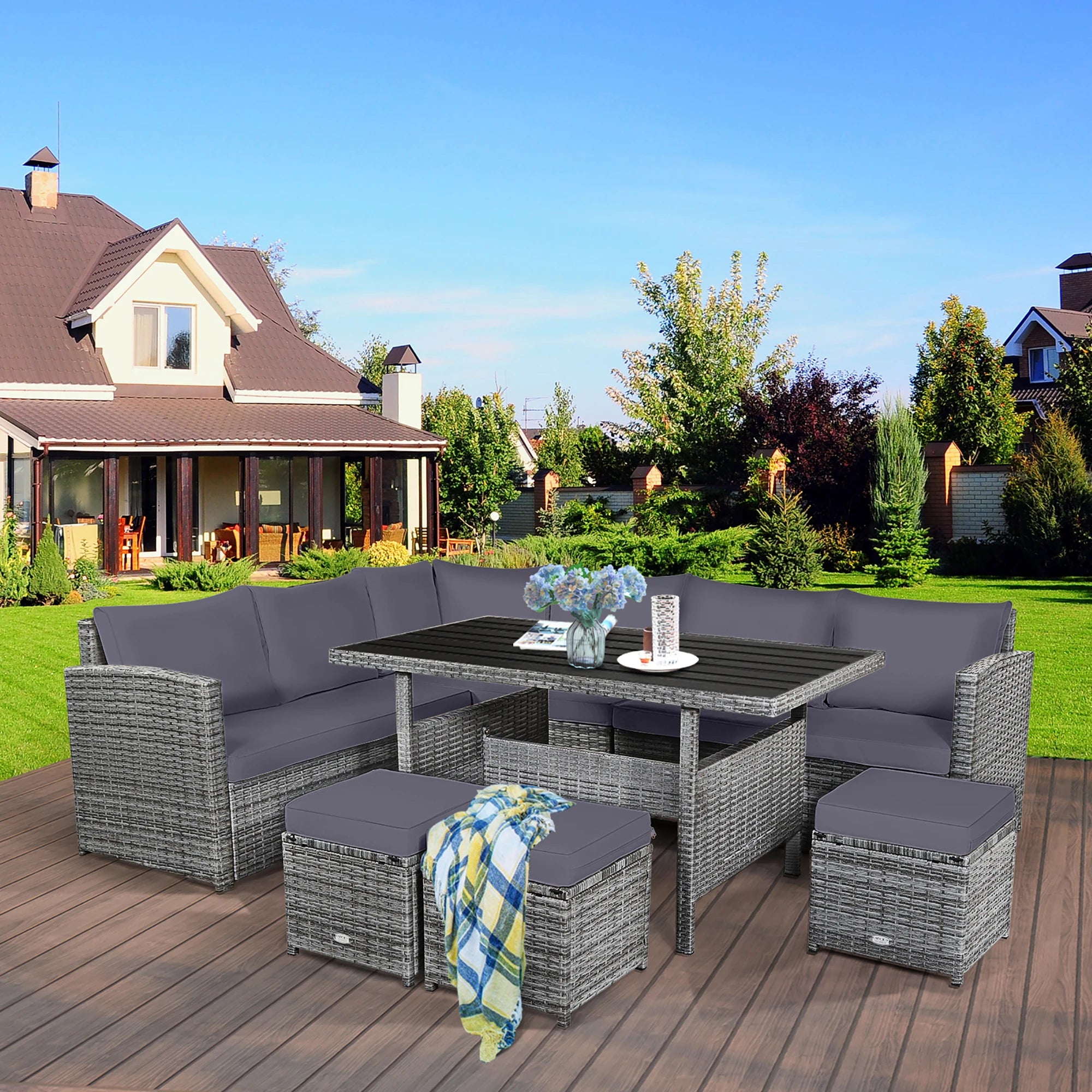 7 PCS Patio Rattan Dining Set Sectional Sofa Couch Ottoman Garden Grey