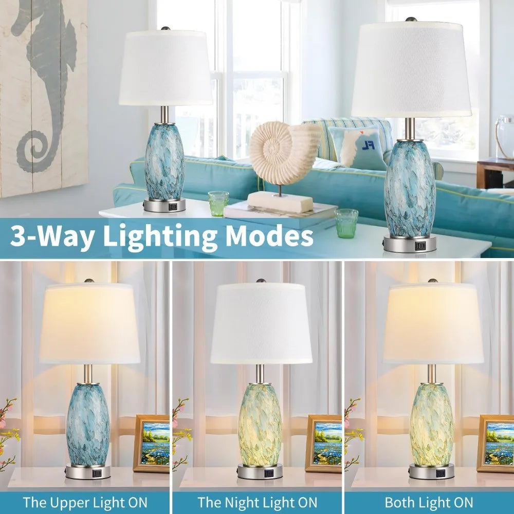 Table Lamps Set of 2 with 3-Way Lighting Modes, USB & Type C Ports - Coastal Modern Style Glass Nightstand Lamps for Living Room