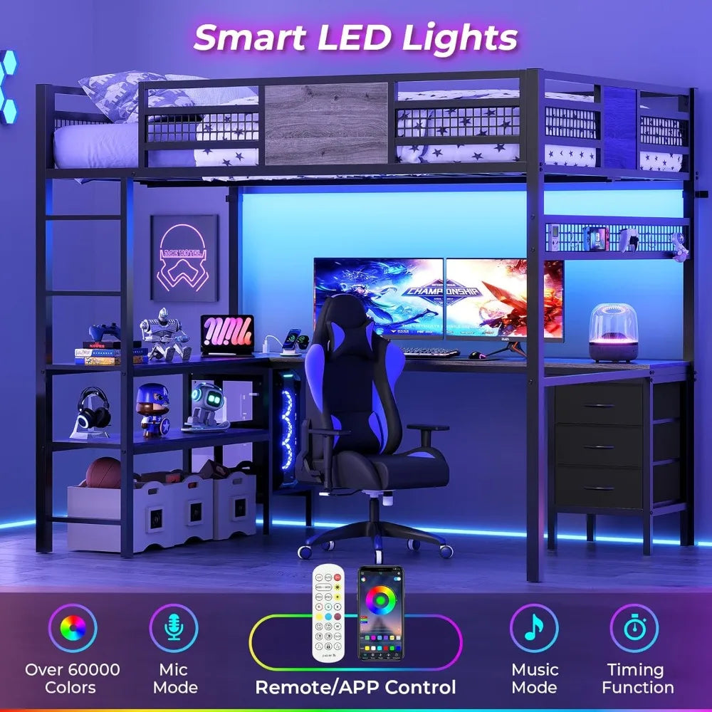 Full Size Loft Bed With L Shaped Desk RGB Lights Storage Drawers Shelves
