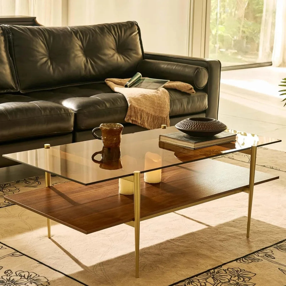 Mid Century Modern Large Glass Coffee Table With Gold Legs