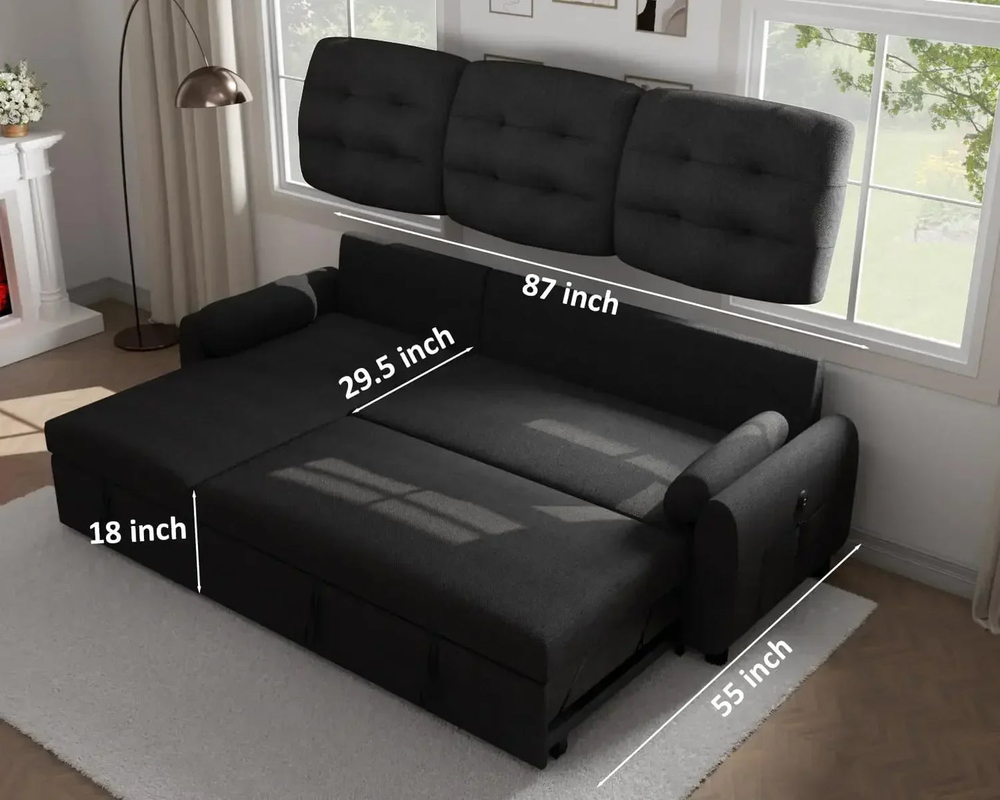 Sectional Sofa Couch, 87" Sleeper Sofa Bed with Reversible Storage Chaise Pull Out Couch for Living Room Linen Fabric, Black