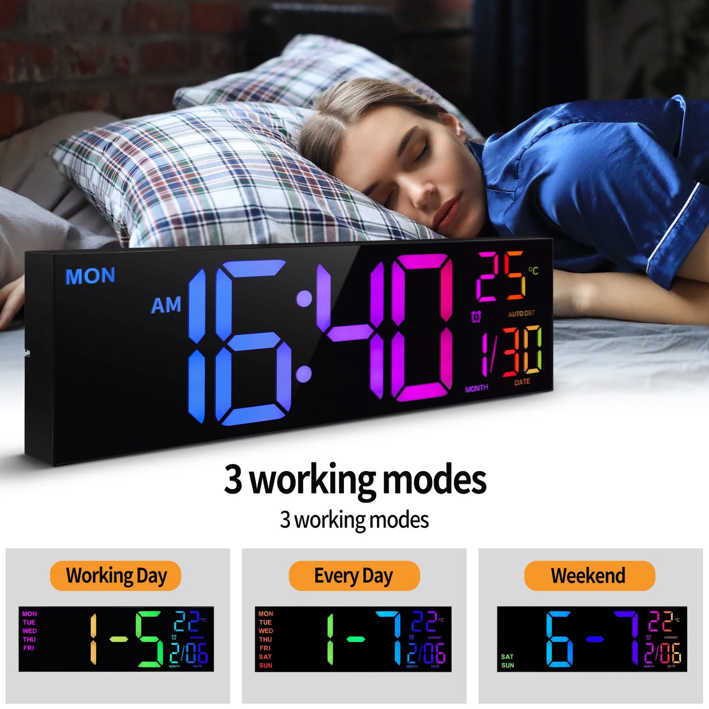 16 Inch Large Digital Wall Clock With Remote RGB LED Display Alarm Temperature For Living Room And Kitchen