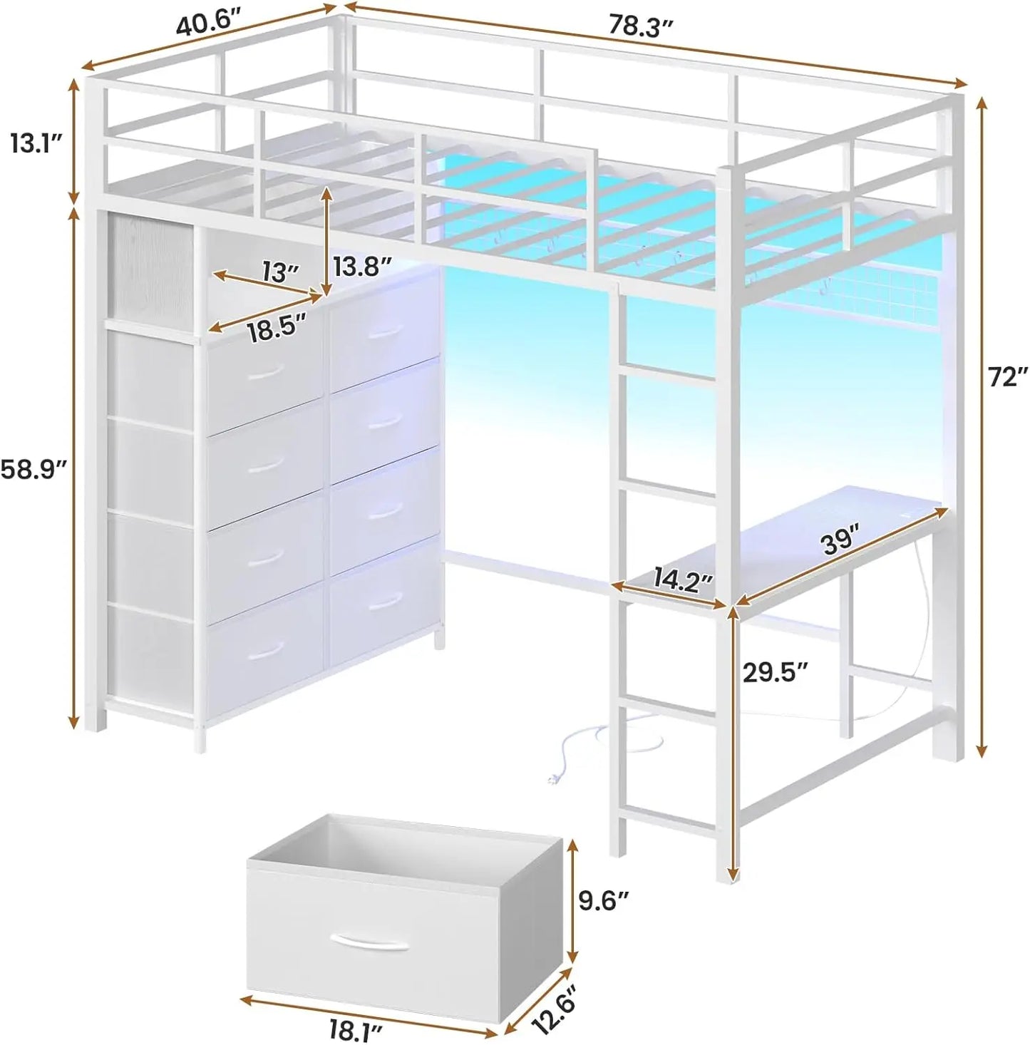 White Metal Twin Loft Bed With Desk And Storage Drawers