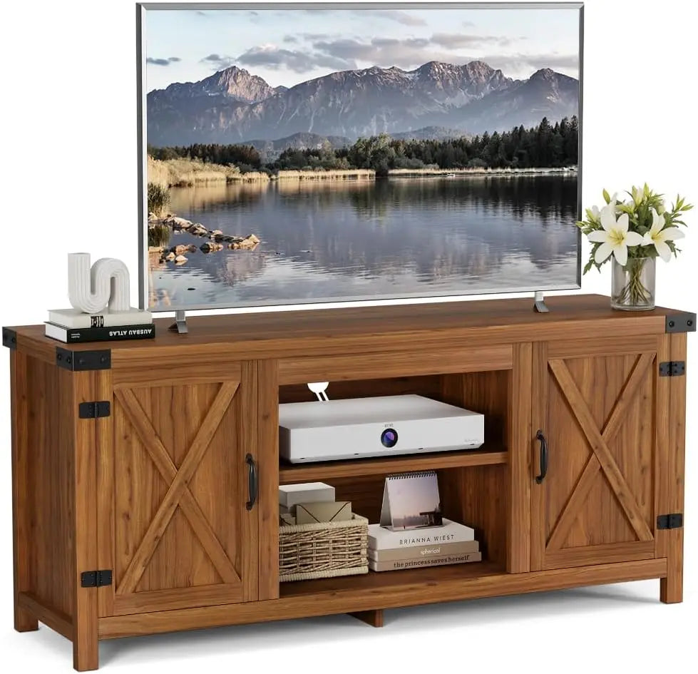 Modern Farmhouse TV Stand with Two Barn Doors and Storage Cabinets,Living Room Furniture,Entertainment Center Console Table