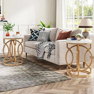 Round End Table With Faux Marble Top White Gold Nightstand