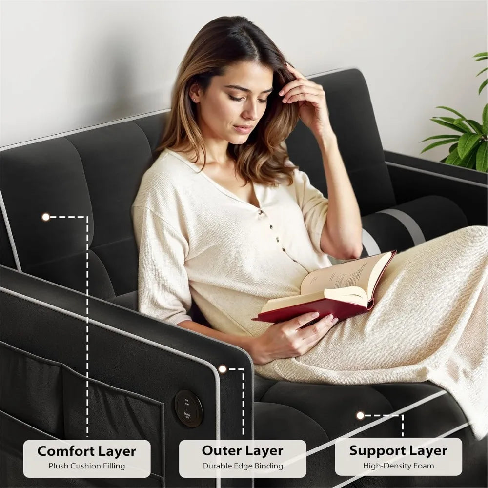 3 in 1 convertible sleeper sofa bed,pull out couch for living room with usb ports & side pockets,adjustable backrest,velvet,lov