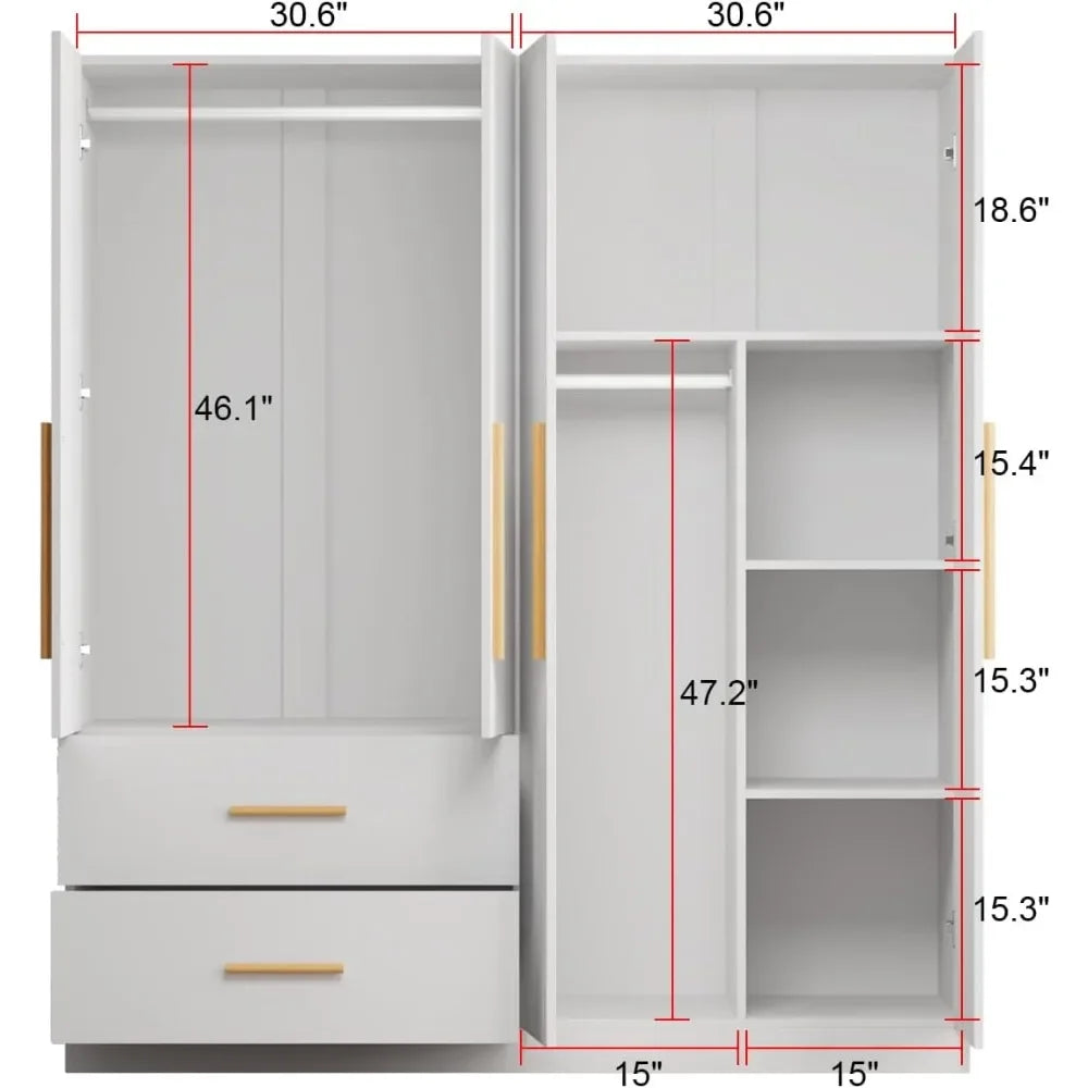 63 Inch Wide 4 Door Wood Wardrobe With Hanging Rails