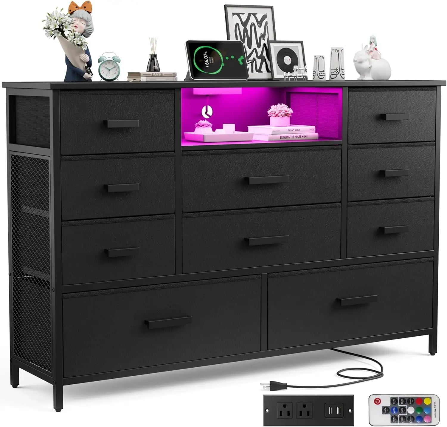 Black Dresser With Charging Station And LED Light TV Stand