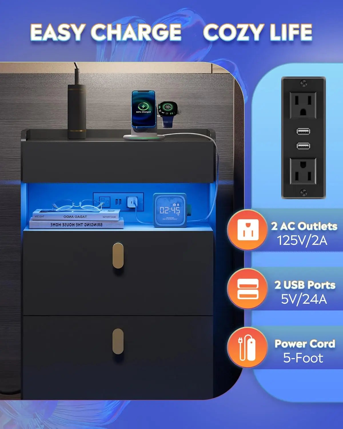 NEW Nighstand Set of 2 , LED Night Stands Sets , Bedside Tables , End Table for Bedroom, Living Room, Black