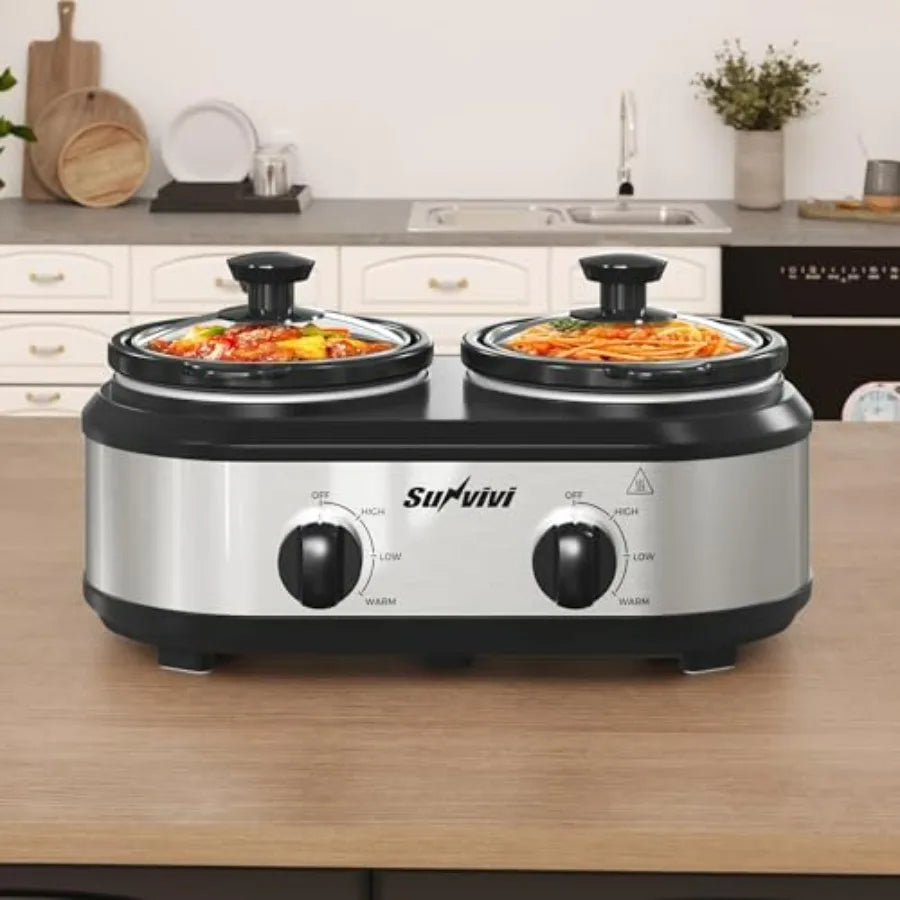 Compact Dual Slow Cooker Buffet Server And Food Warmer Lids