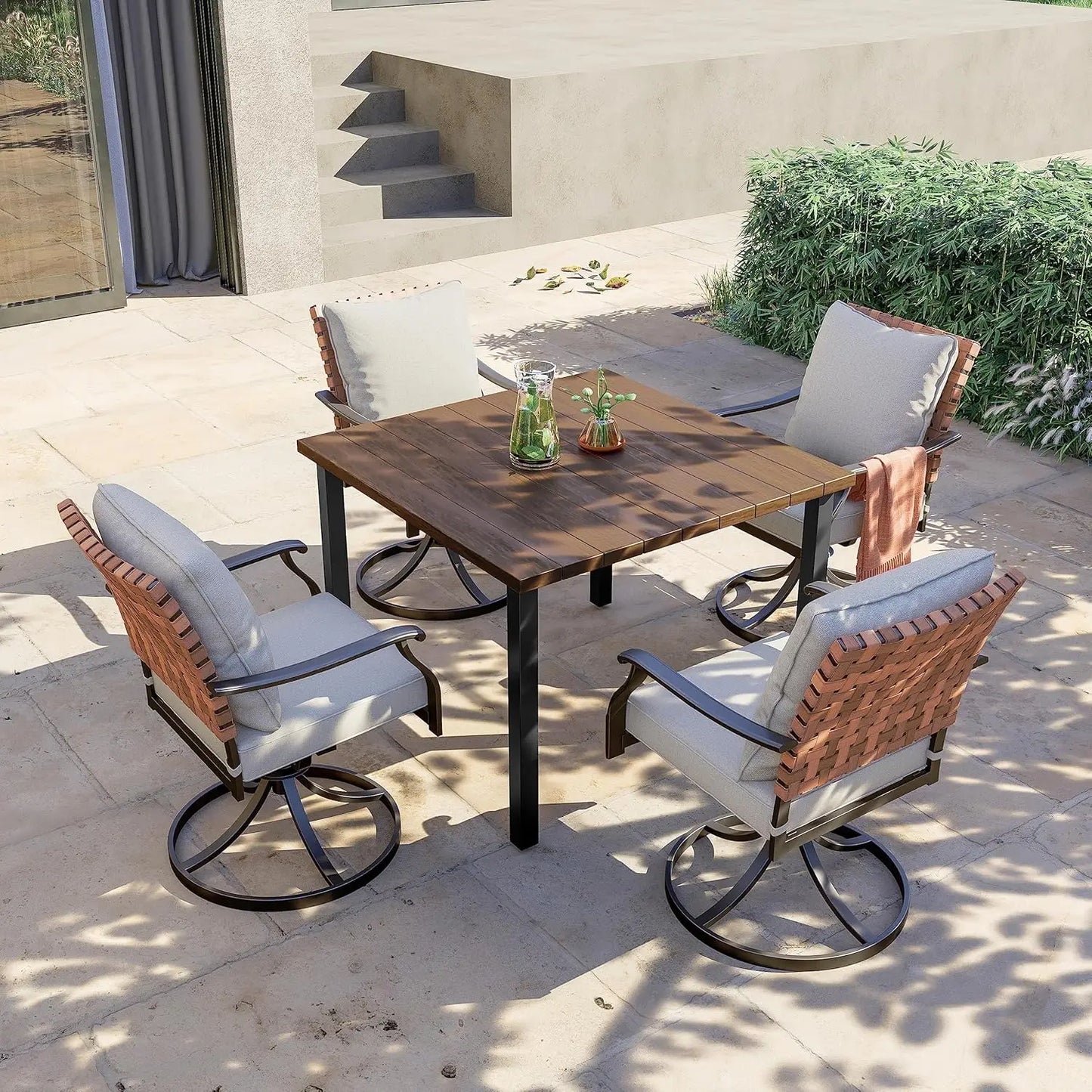 5 Piece Outdoor Dining Set Leather Look Wicker Chairs Table