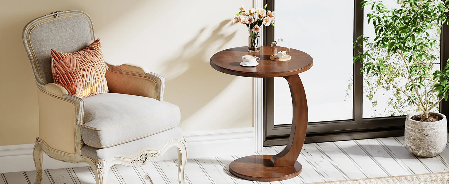 Tribesigns Round End Table Wood C Shaped Side Table Retro