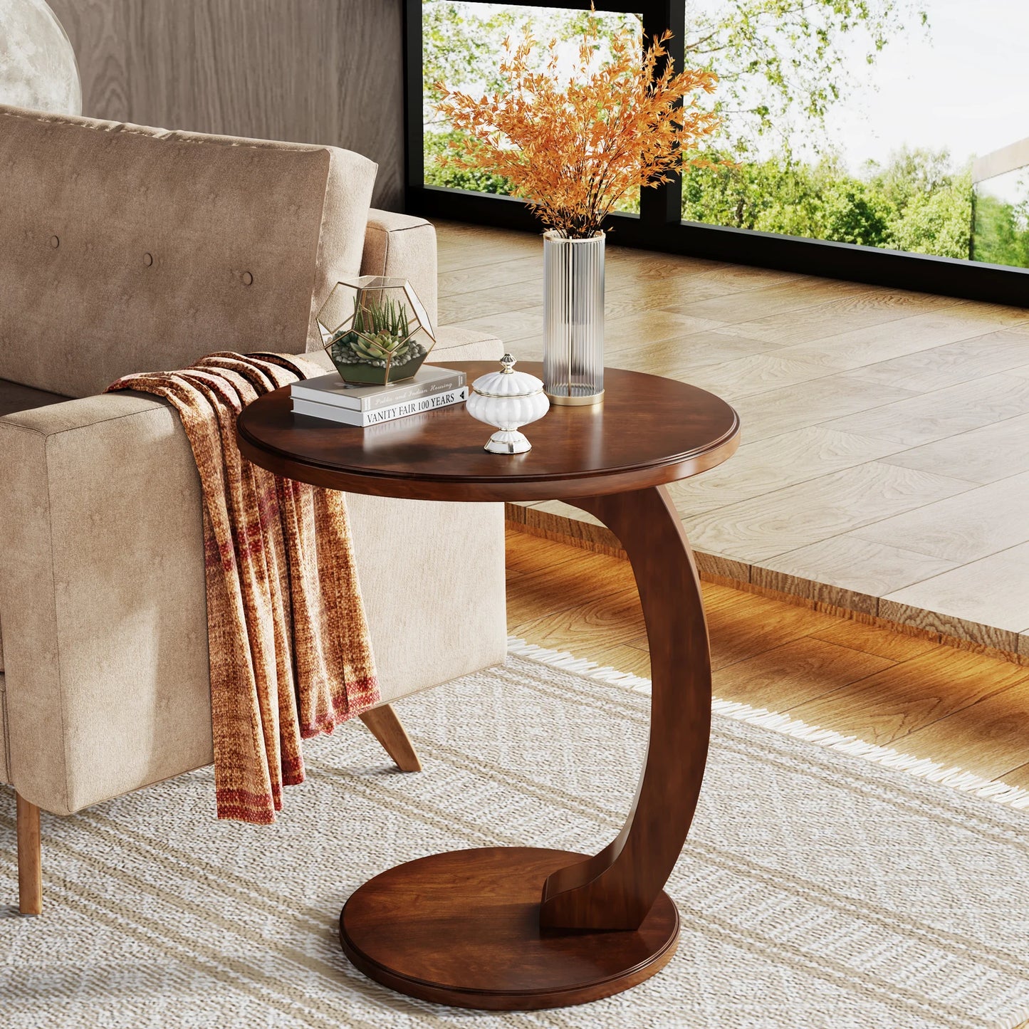 Tribesigns Round End Table Wood C Shaped Side Table Retro