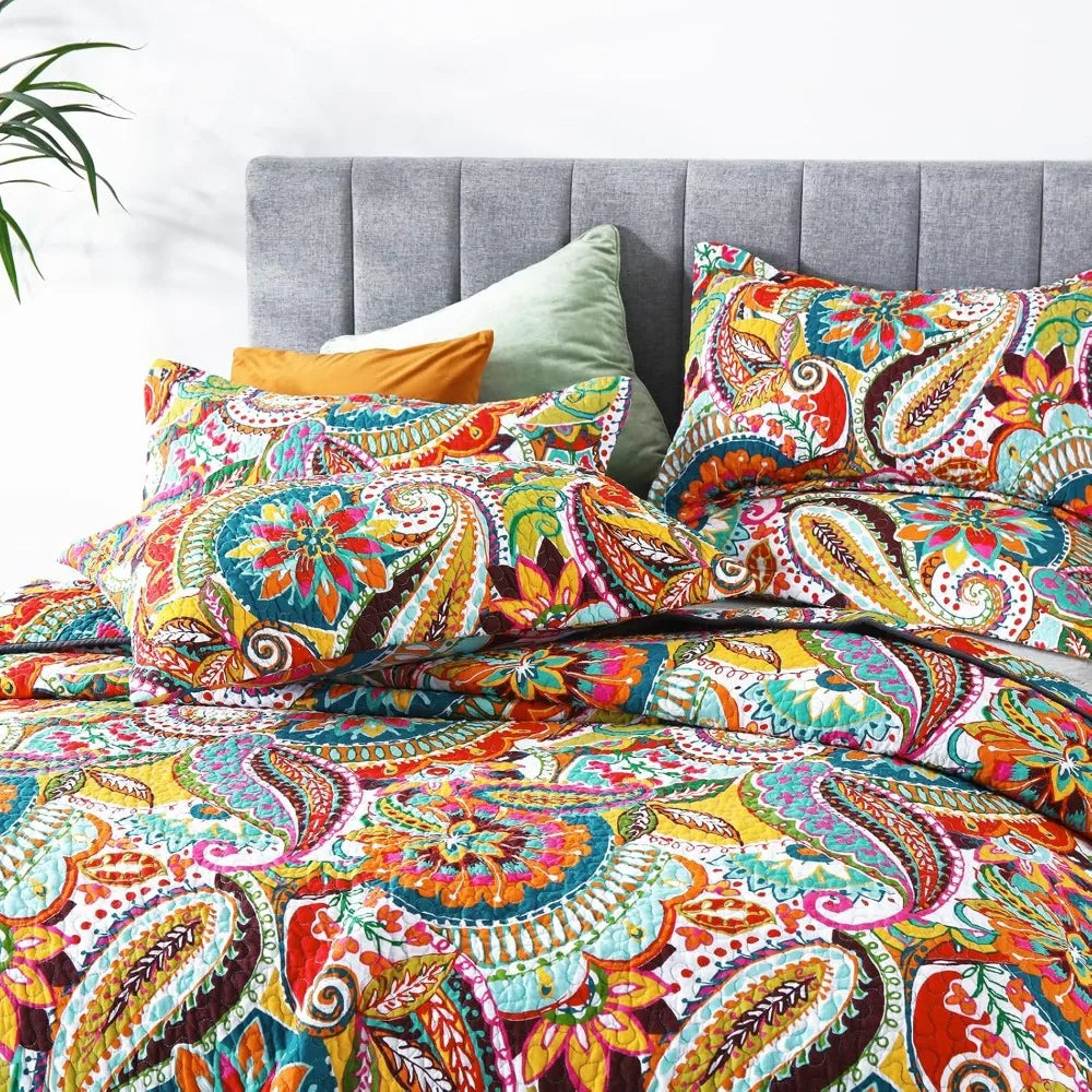 Colorful Cotton Boho Paisley Quilt Set, 3-Piece Lightweight King Size Bedding with Pillows