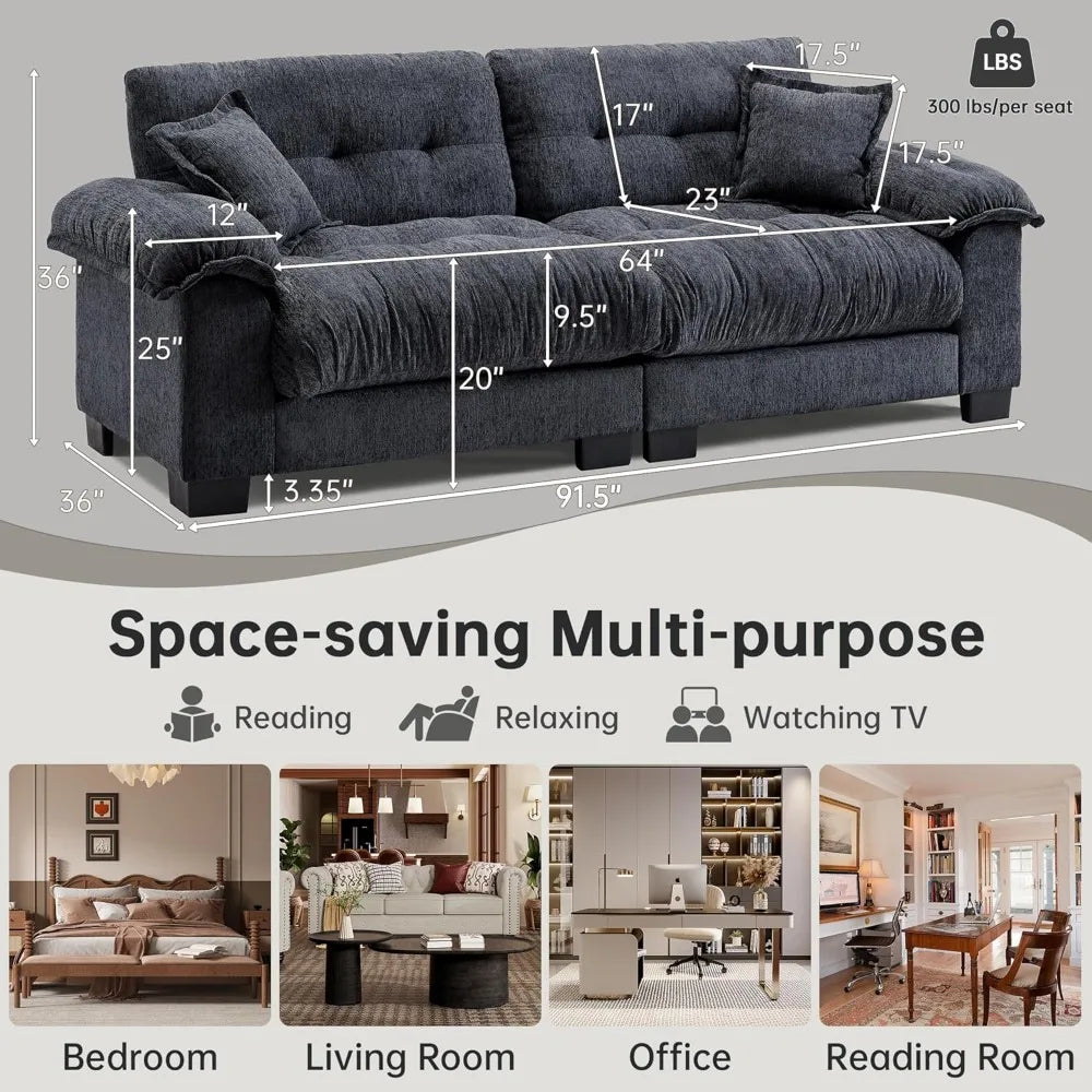 Luxury Chenille Fabric Cloud Couch Sofa, Comfortable Living Room Furniture, Wide Armrests Black Sofa for Apartments