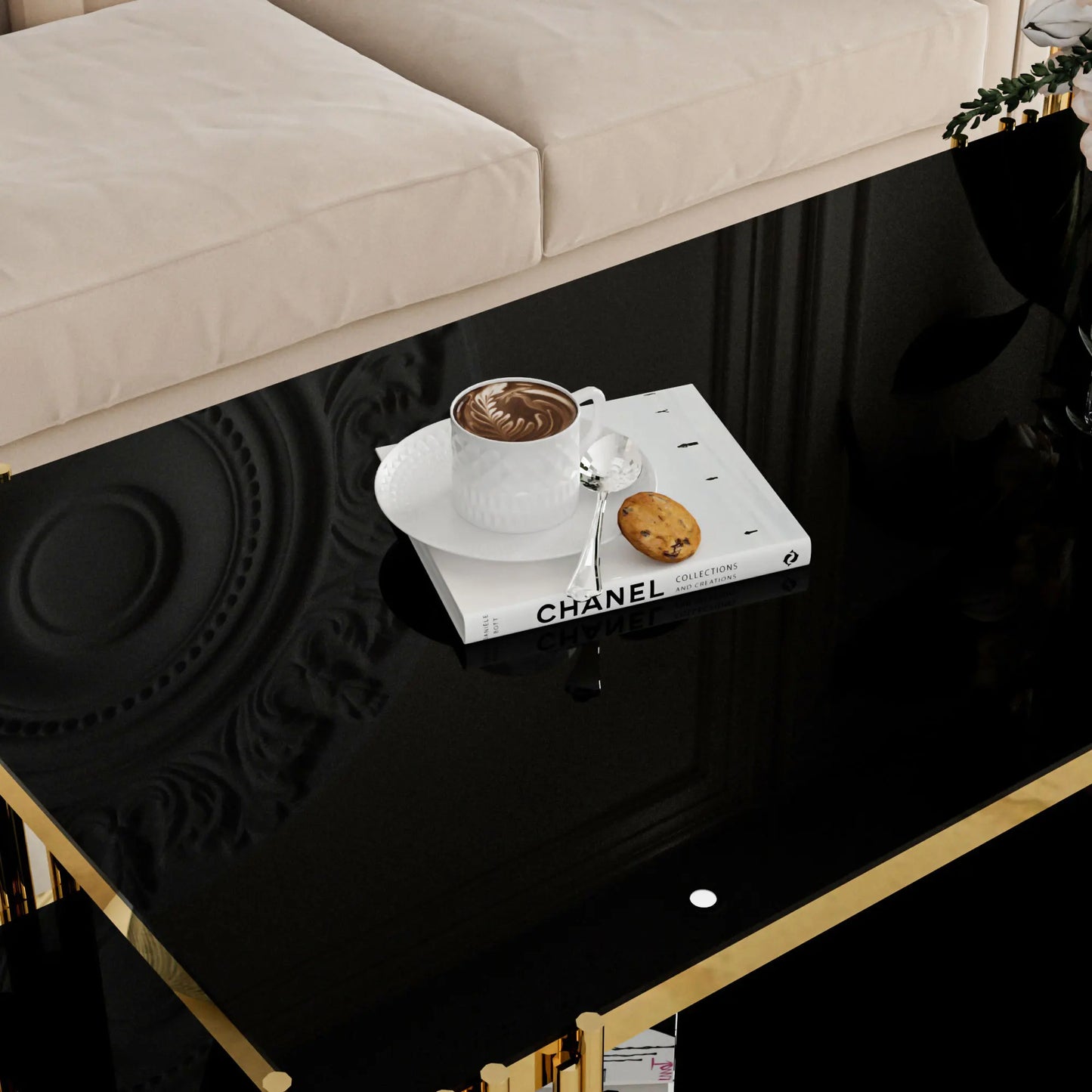 Rectangular Stainless Steel Glass Coffee Table With Gold Legs