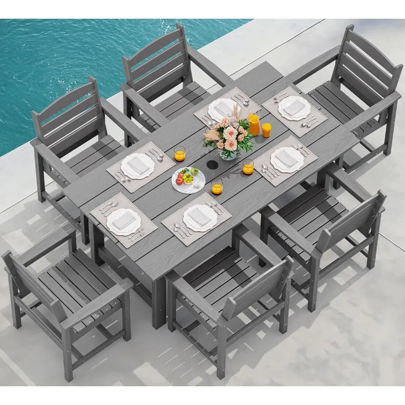 Outdoor HDPE Dining Table Set, 7-Piece Outdoor Dining Table Sets with Umbrella Hole Cut-Out Table and 6 Chairs, Gray Pati