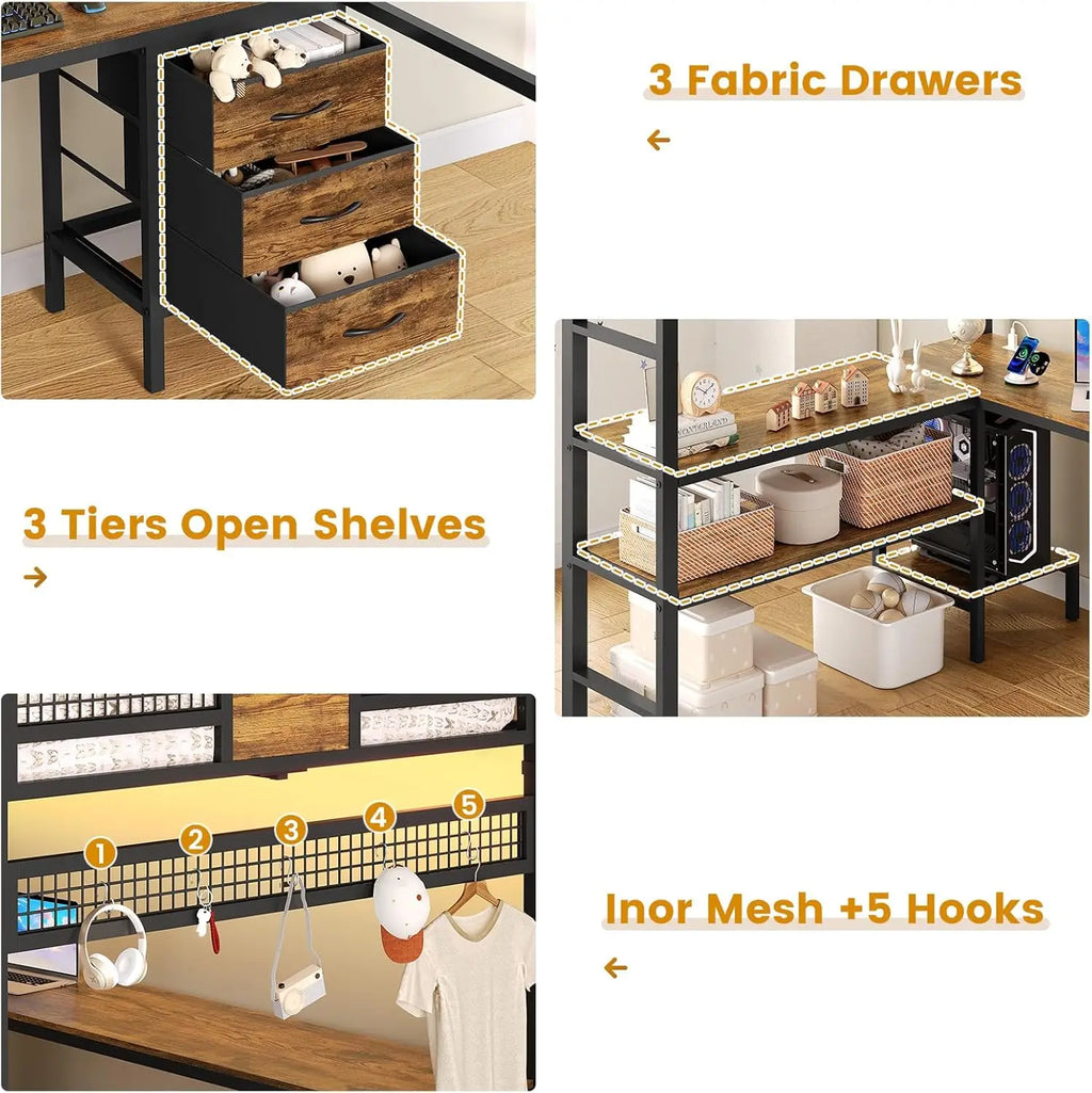 Full Size Loft Bed With L Shaped Desk RGB Lights Storage Drawers Shelves