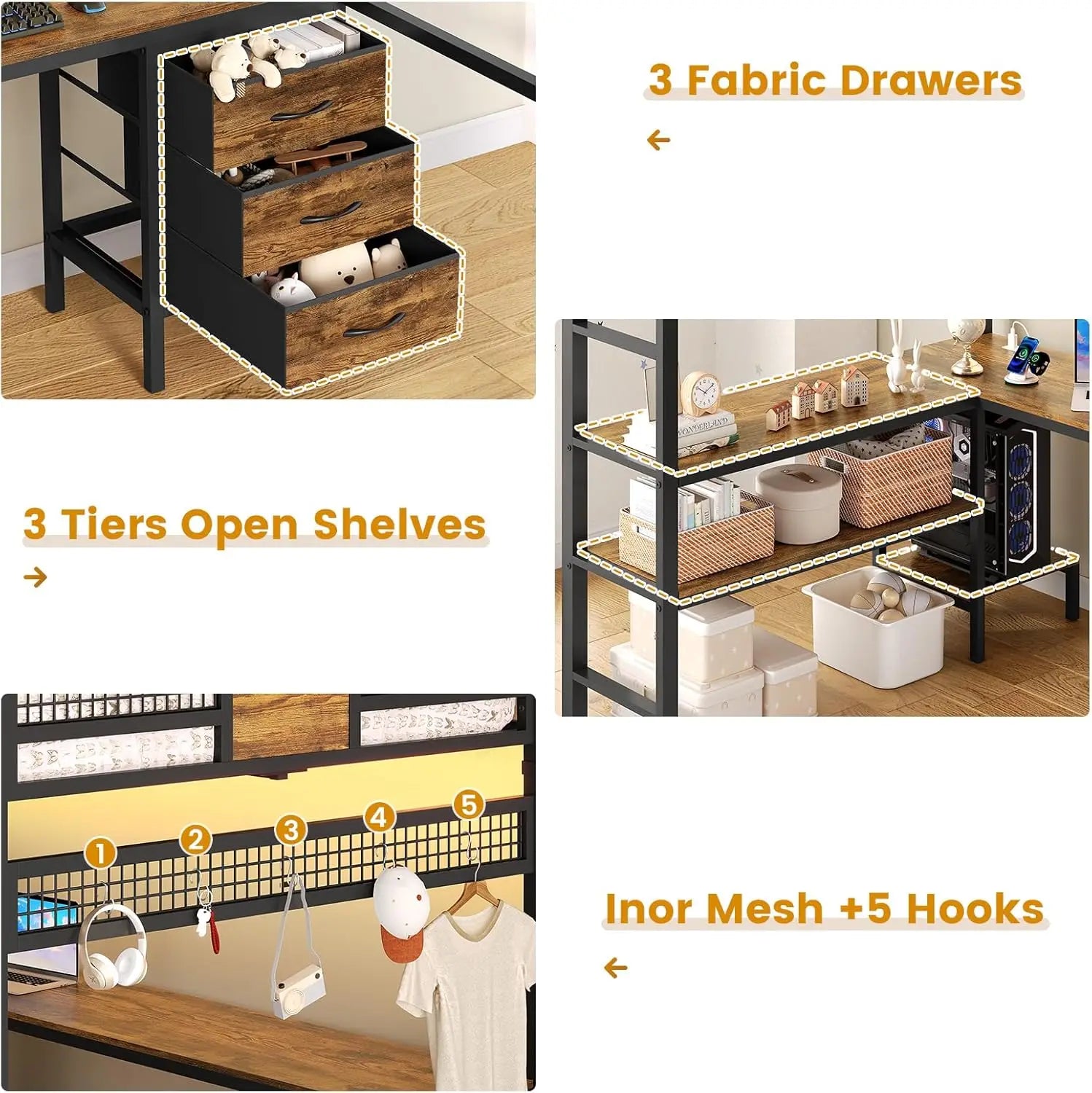 Full Size Loft Bed With L Shaped Desk RGB Lights Storage Drawers Shelves