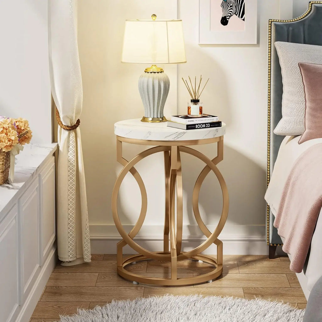 Round End Table With Faux Marble Top White Gold Nightstand