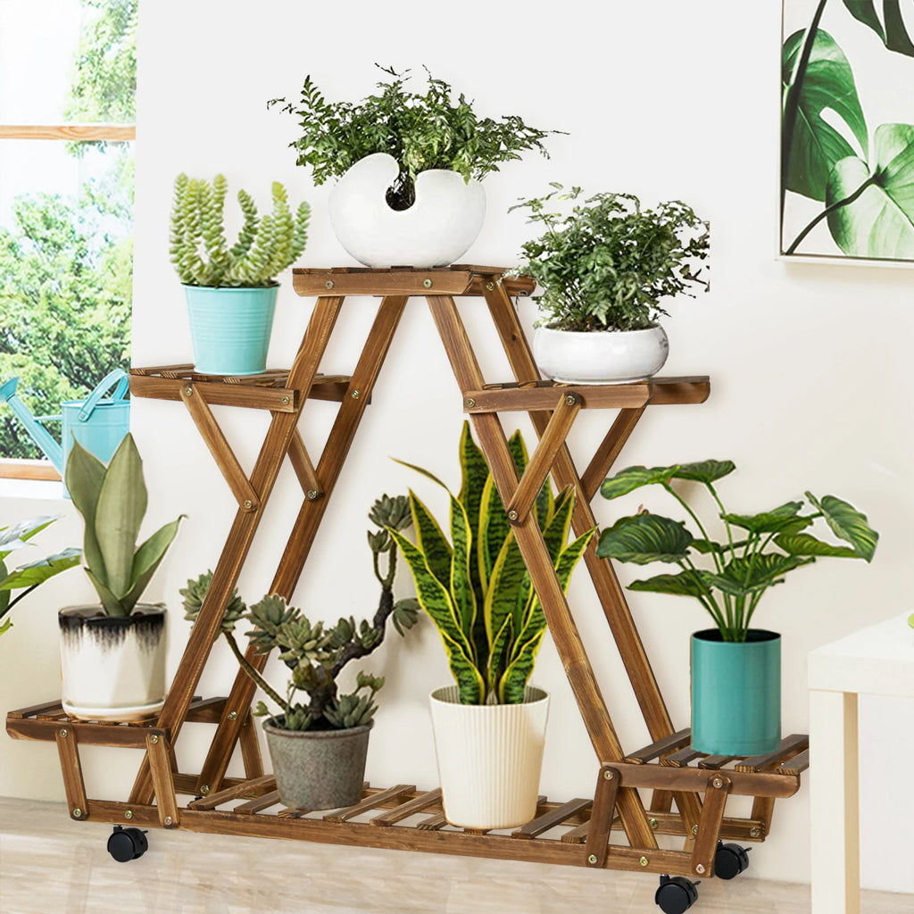 Triangular Plant Shelf 6 Potted Carbonized Wood Plant Holder Flower Pot Stand Display Storage Rack with Wheels for Garden