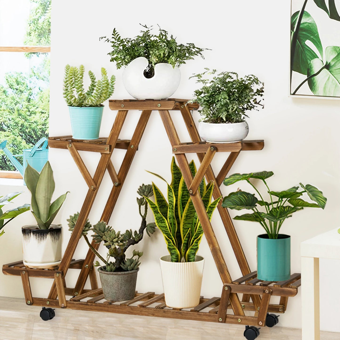 Triangular Plant Shelf 6 Potted Carbonized Wood Plant Holder Flower Pot Stand Display Storage Rack with Wheels for Garden